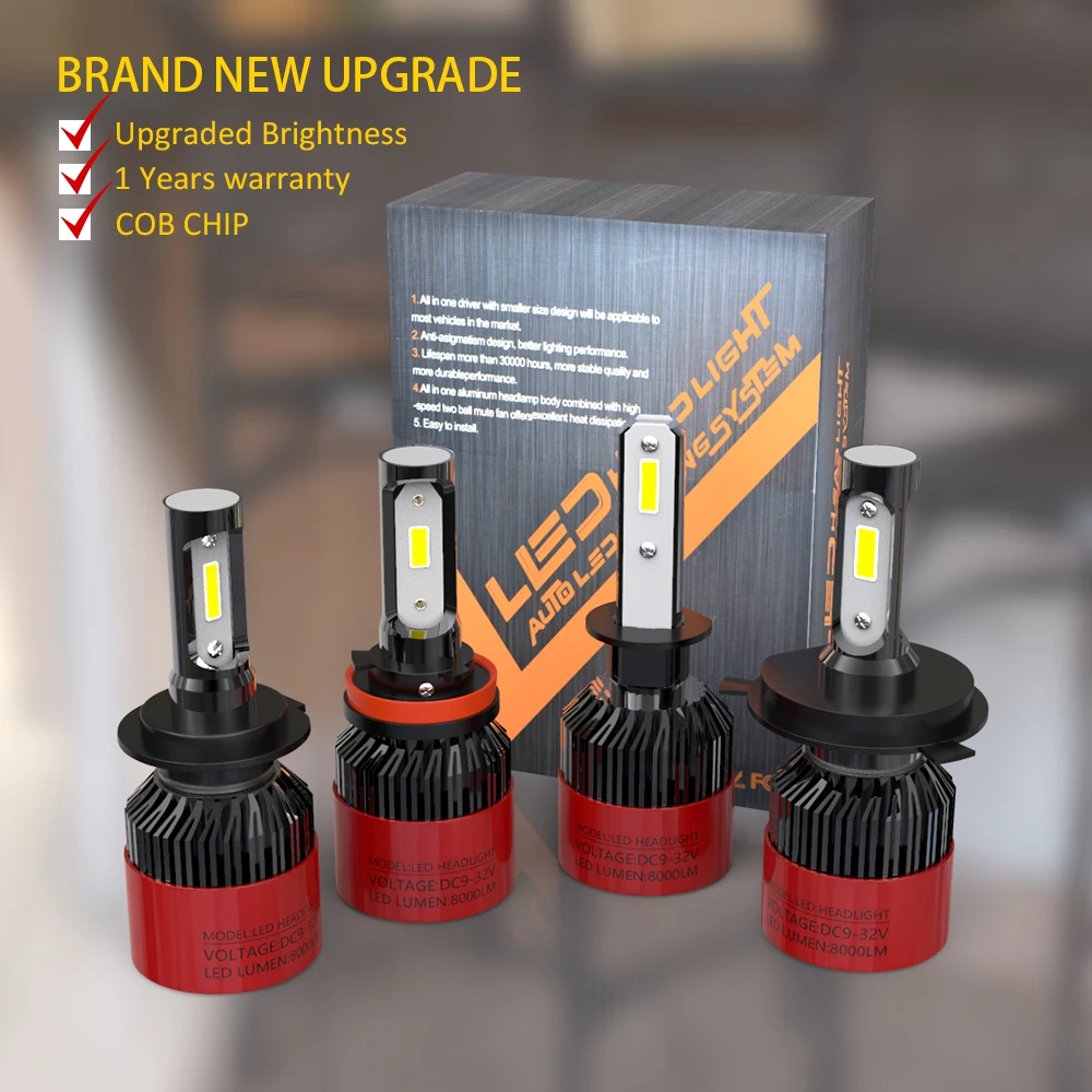 2 шт. S2 светодиодные лампы Автомобильные фары H7 LED H1 H4 H8 H9 H11 72 Вт 4000LM 8000LM 6000K