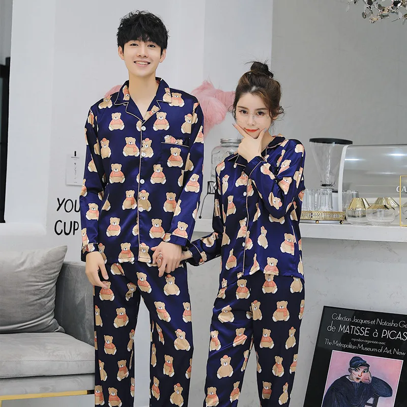 JINUO 2018 Free Shipping Spring Autumn Couple Silk Pajama Sets Lovers Thin Long Sleeve Casual Soft Home Wear | Мать и ребенок