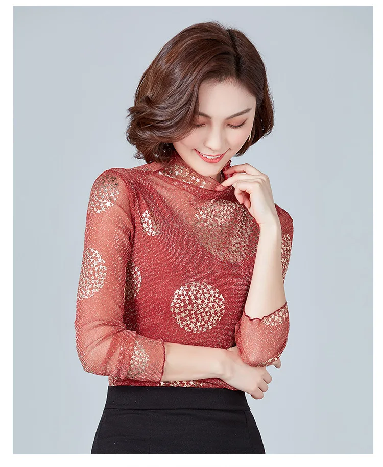 Moda Jihan, женские рубашки, блестящая сетка, кружева, звезды, длинные рукава, Топы И Футболки с внутренней одеждой, тянущаяся рубашка, оборки, обрезка, Топ