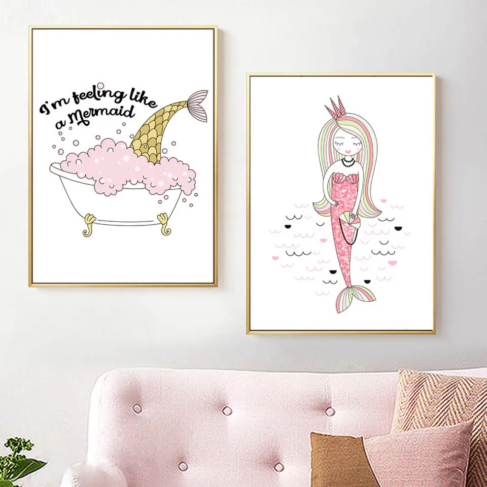 Печатные плакаты с маленькой русалочкой мультяшное настенное искусство простой