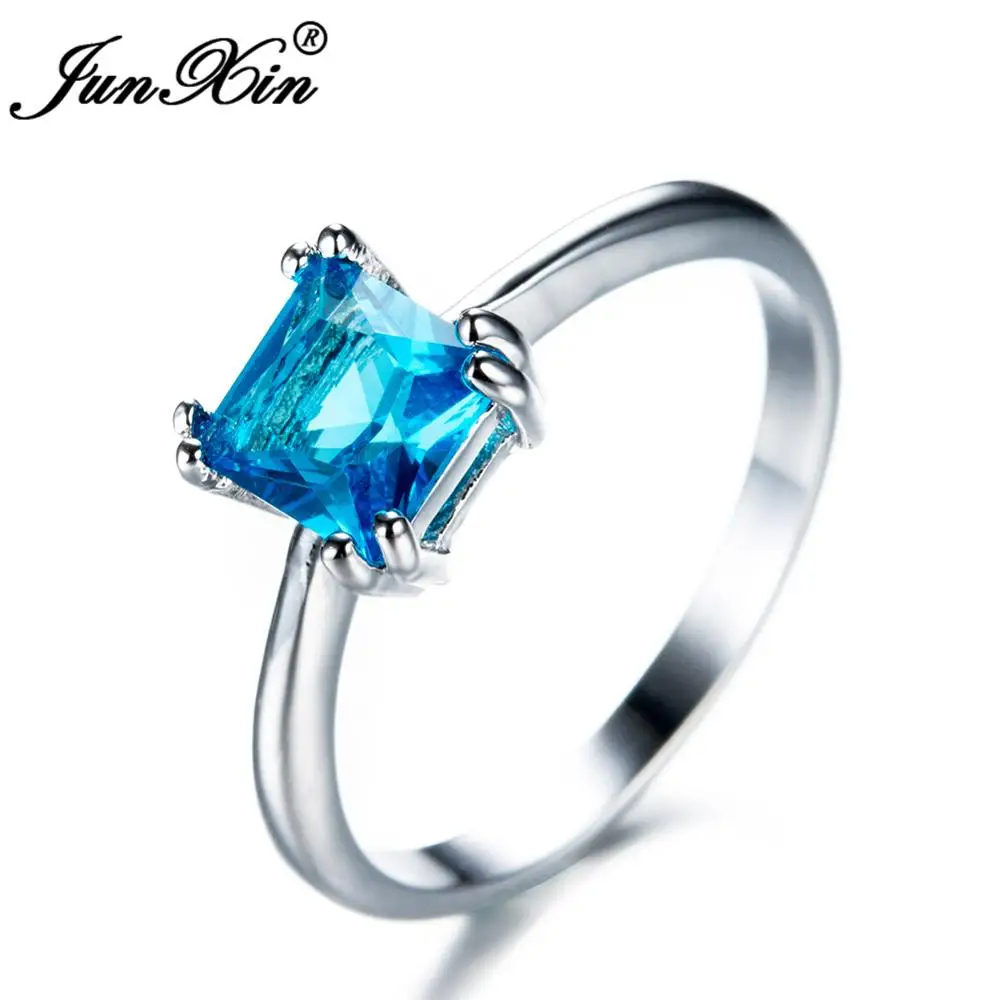 Aqua Blue JUNXIN синие пластиковые контейнеры для крема принцесса Циркон пасьянс кольцо 925 серебро обручальные кольца для женщин Свадебные Квадратные Кольца CZ - Цвет основного камня: Aqua Blue