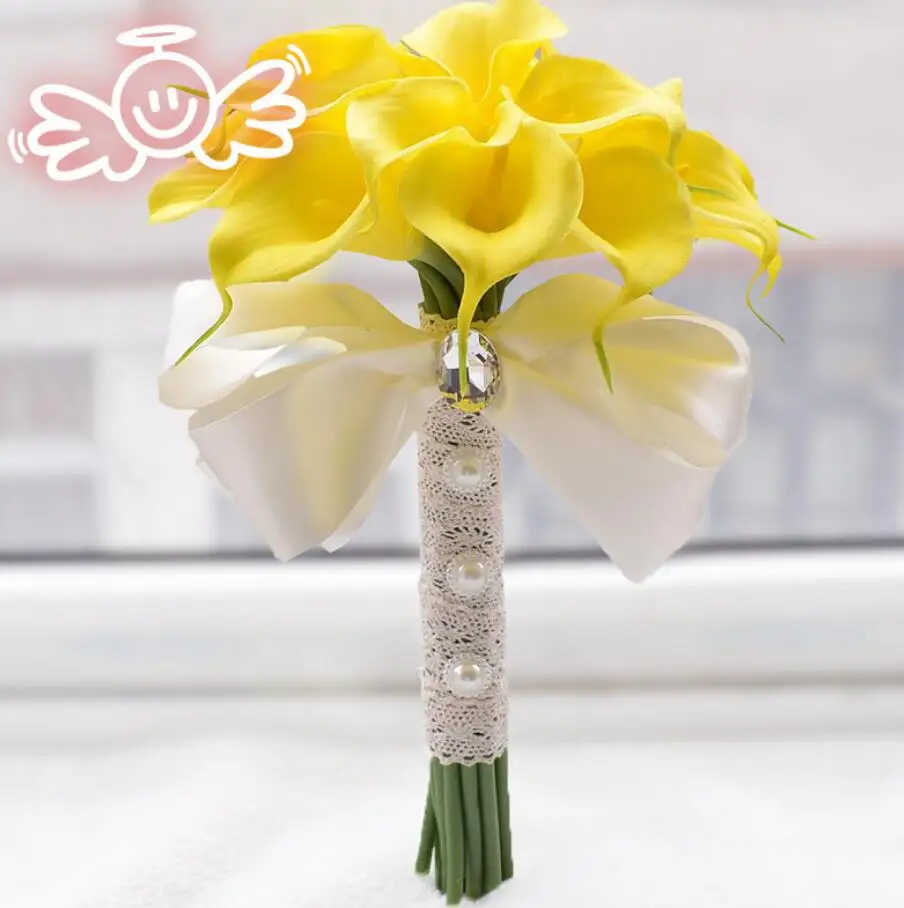 Yellow18pcs Красивый полиуретан на ощупь как настоящий искусственный 6-30 шт желтая белая Калла Лилия подружки невесты цветок девушка Keepsake палочка Свадебный букет невесты - Цвет: Yellow18pcs