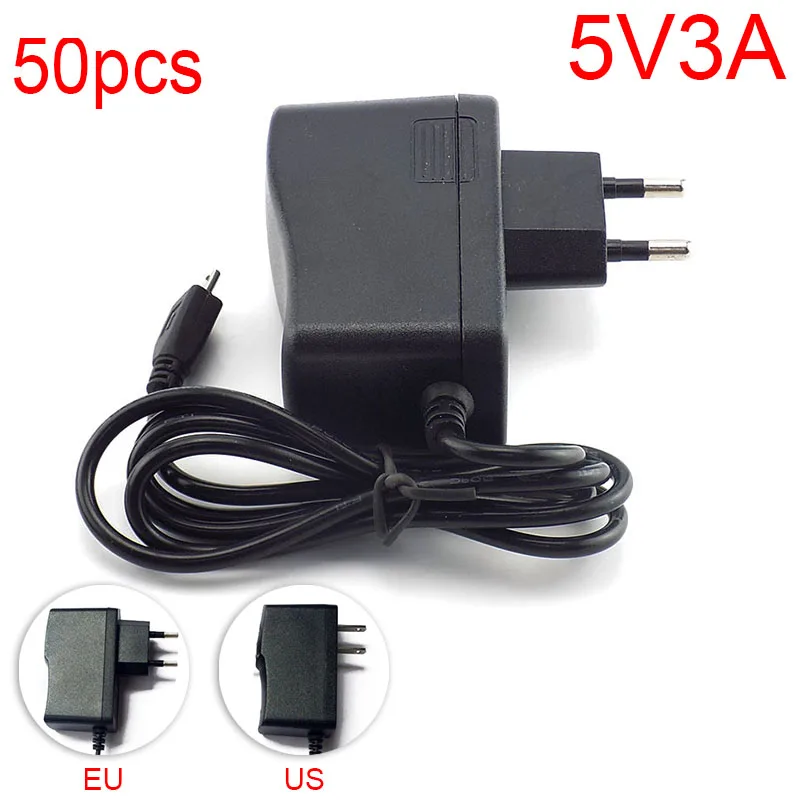 

50pcs DC 5V 3A 3000mA Micro USB AC to DC Power Adapter supply Plug input 100V - 240V Converter adapter Output for Raspberry Pi