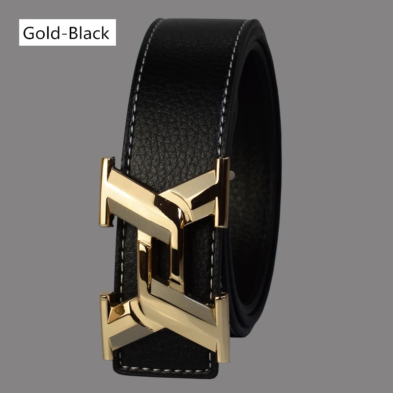 Gold Black Luxury Belts for Men Fashion Business Casual High Quality Smooth Buckle Designer Male Leather Belts - Цвет: Gold Black