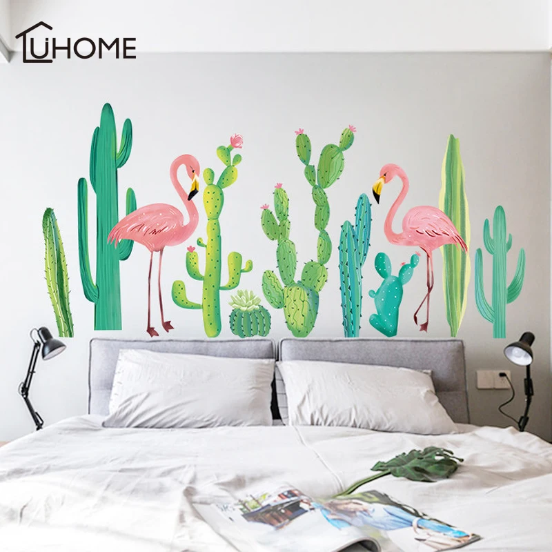 Наклейки на стену с изображением зеленых растений кактуса фламинго для спальни