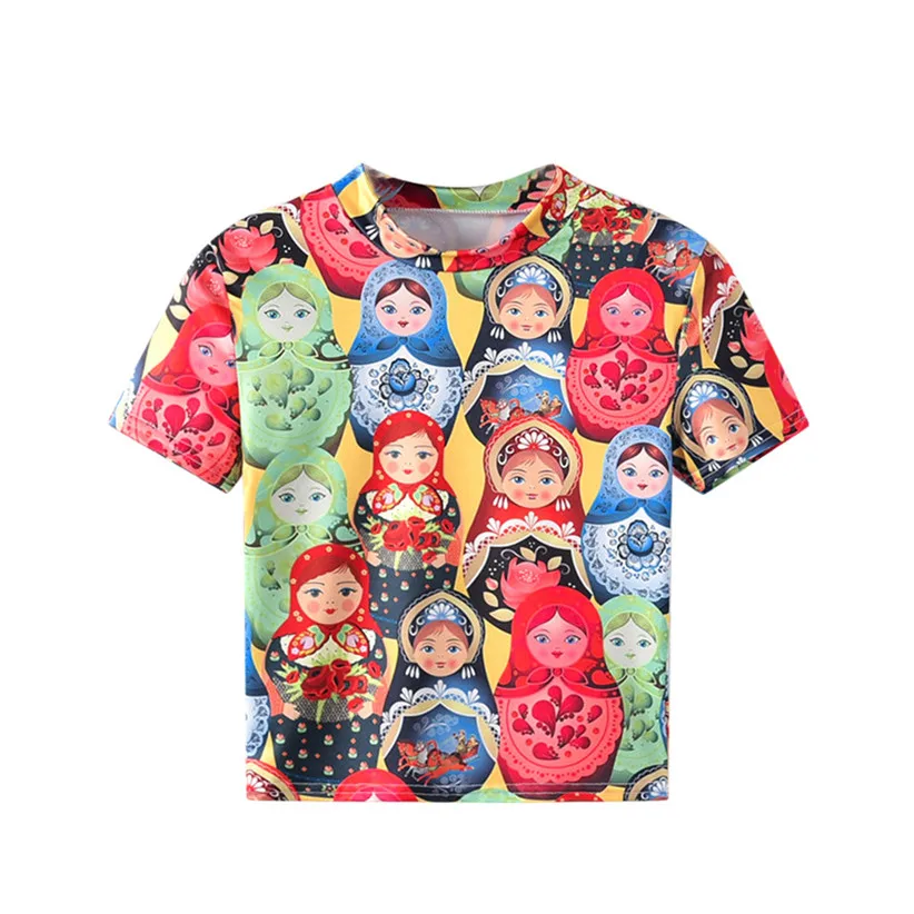 Multicolor Женская футболка с принтом русской матрешки, Модная Тонкая футболка с вырезом лодочкой и коротким рукавом, летние футболки для женщин и девочек 90424 - Цвет: Multicolor