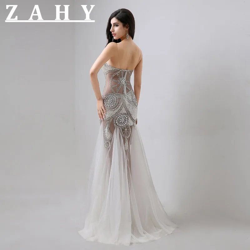 Luxury spaghetti Straps Mermaid Evening Dresses Beaded silver crystal see through backless prom dresses party gown vestidos | Свадьбы и
