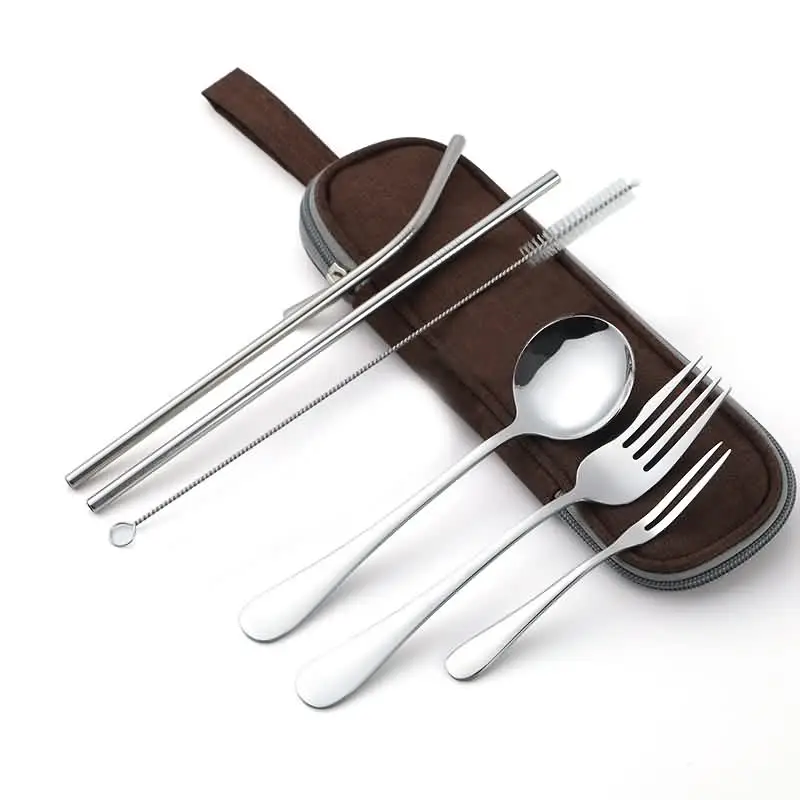 Cutlery Set A Многоразовая посуда из серебра, металлическая соломинка, ложка, вилка, палочки для еды, соломинка, набор посуды для путешествий, кемпинга, набор столовых приборов - Цвет: Cutlery Set A