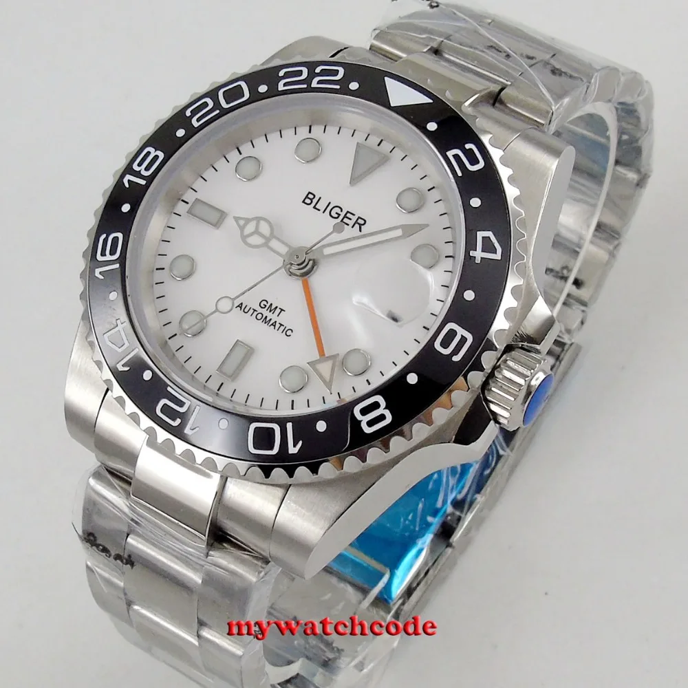 

40mm bliger white dial orange GMT hand sapphire crystal automatic mens watch