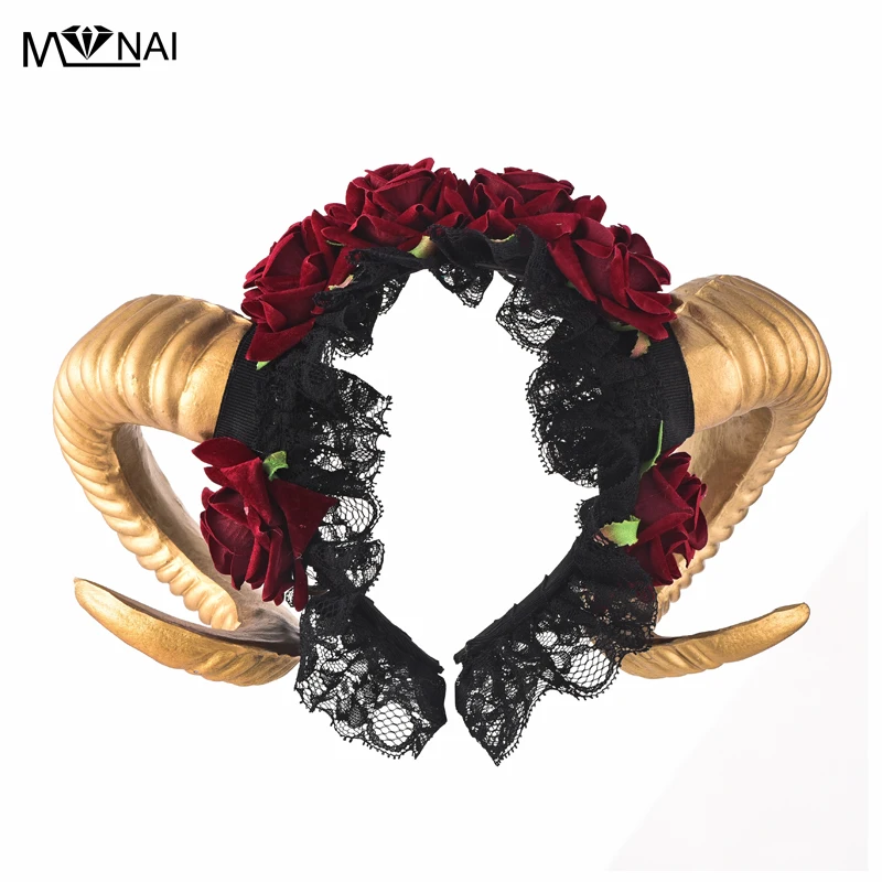 

Steampunk Ram Horns Headband Cosplay Fantasy Fancy Dress Sheep Goat Animal Red Rose Crown Headpieces Costumes Accessories