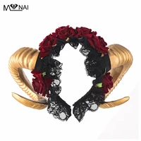steampunk ram horns headband cosplay fantasy fancy dress sheep goat animal red rose crown headpieces costumes accessories