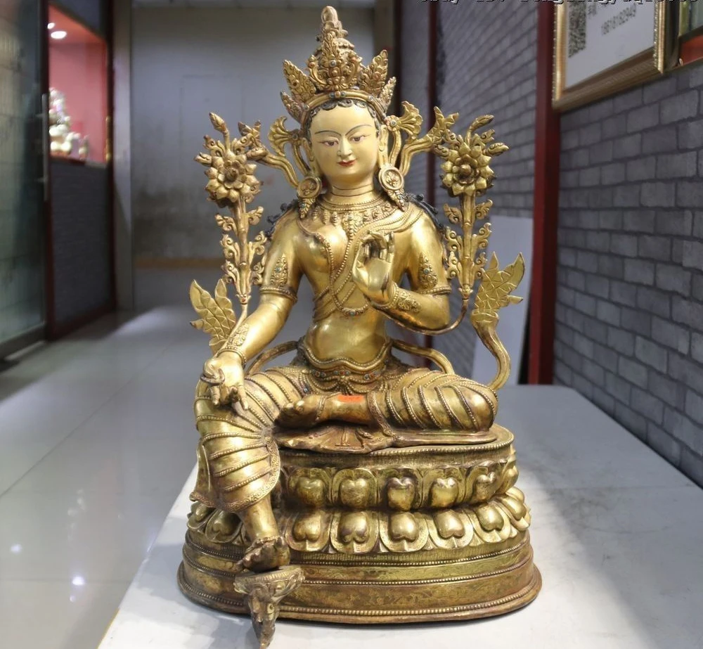 Тибет Лхаса старый Золотой позолоченная медь зеленый Tara Kwan-Yin Bodhisattva богиня Будда