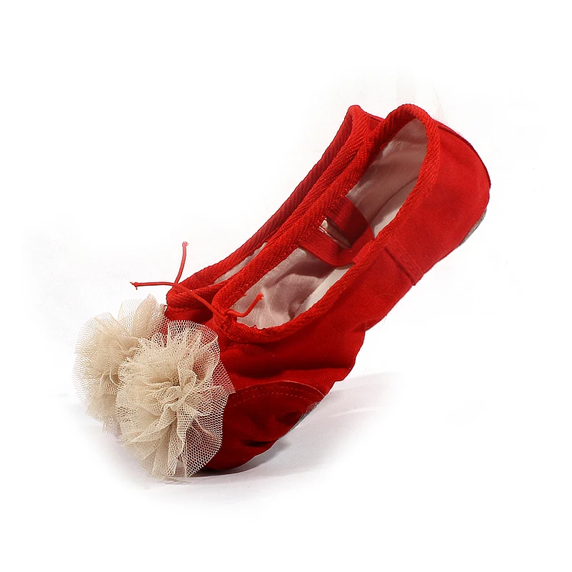 Украшенные цветами парусиновые женские балетки с раздельной подошвой на мягкой