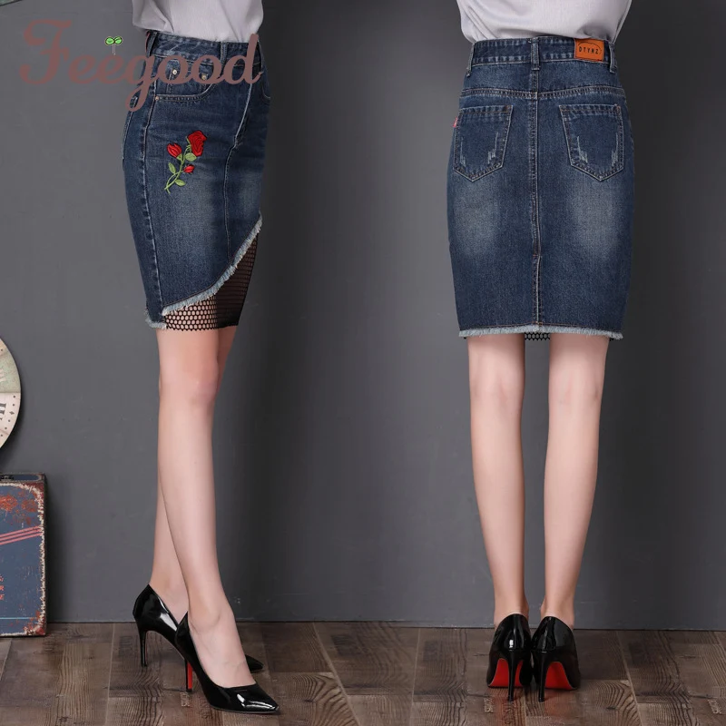rose embroidered splicing denim skirt 2017 autumn fashion net package hip skirts large size needlework female GL1050 | Женская одежда