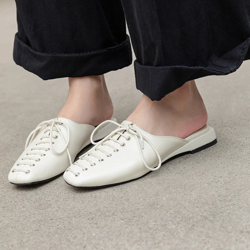 

WETKISS Cow Leather Slippers Women Low Heels Slides Shoes Square Toe Mules Shoes Ladies Cross Tied Casual Shoes Female Summer