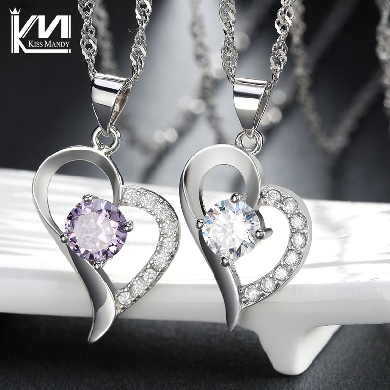 Поцелуй Мэнди Серебряный Романтический Сердце Ожерелье с Фиолетовый Ясно CZ для