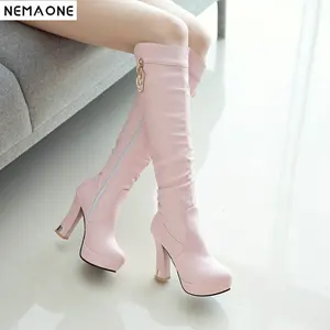 Женские сапоги выше колена, черные, белые, розовые сапоги с круглым носком, на Высоком толстом каблуке, вечерняя Классическая обувь, большие размеры до 43