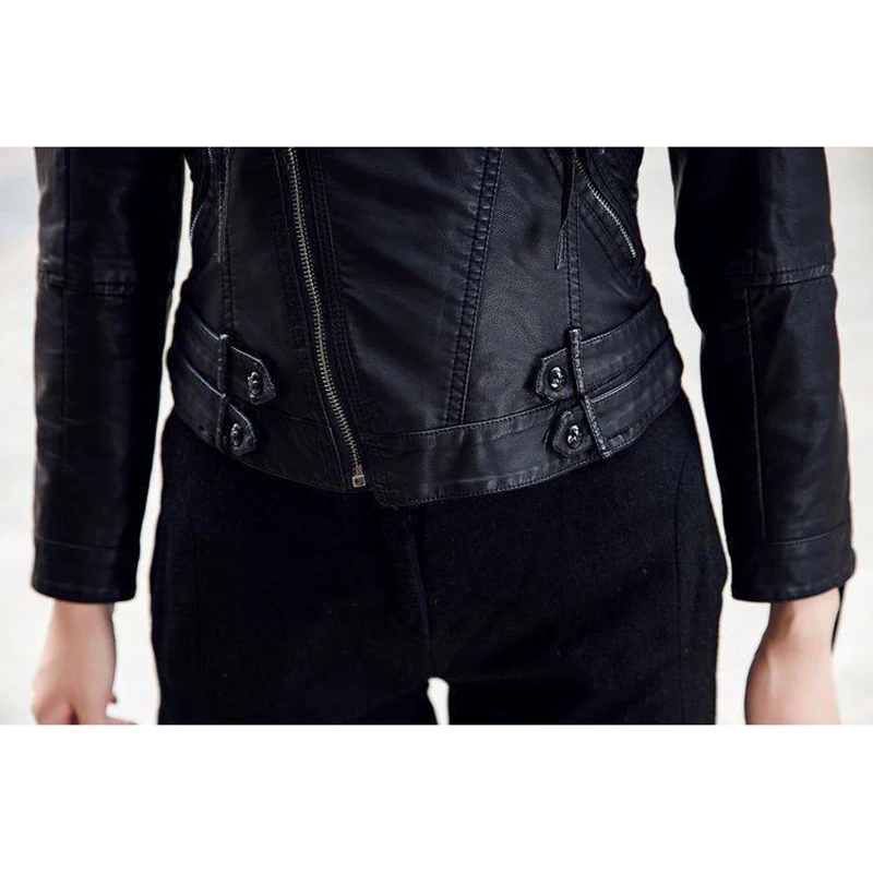 Женские жакеты из искусственной кожи черные с отложным воротником и застежкой