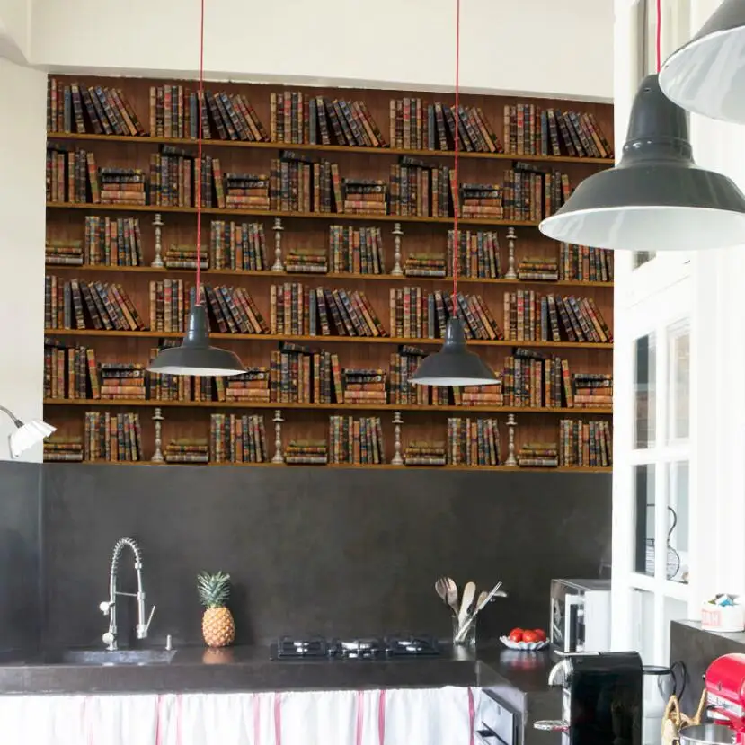 Винтажные обои в стиле ретро с книжной полкой самоклеящиеся из ПВХ для украшения