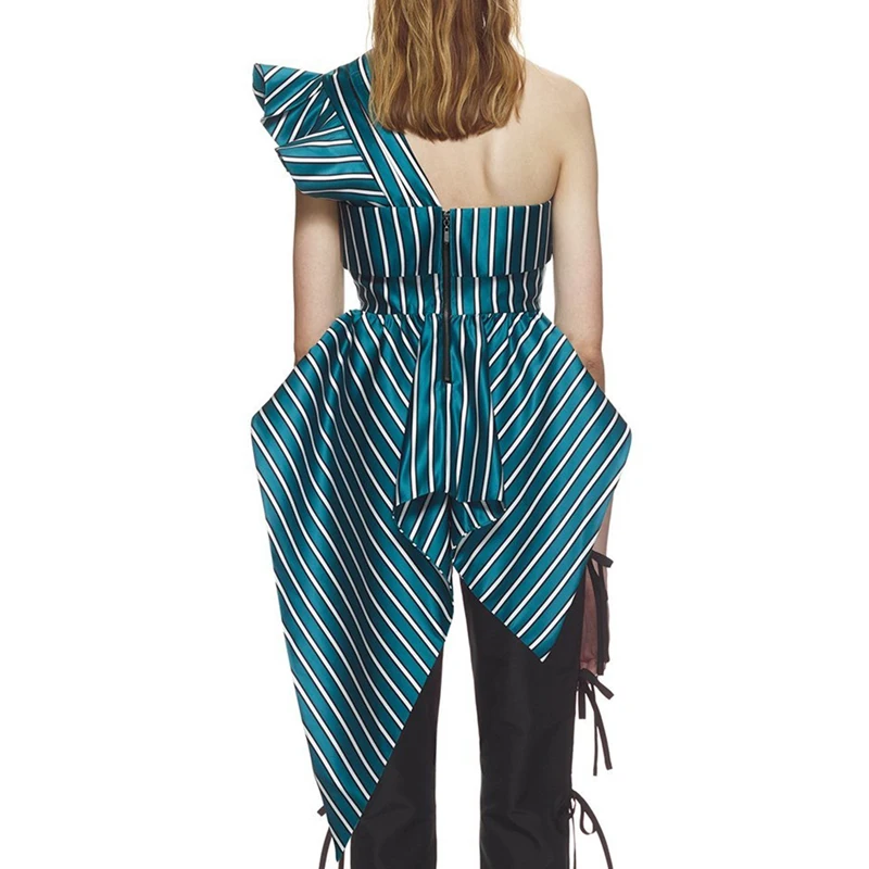 High-end Custom Striped Irregular Shirt Off Shoulder Ruffles Backless Tunic Zipper Blouse Female 2019 Summer Fashion Clothing | Женская