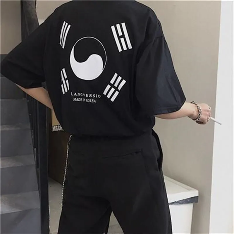 Корейский Harajuku BF футболка с принтом Мужская женская летняя Ins хип хоп свободные футболки большого размера Мужская Повседневная футболка уличная Мужская