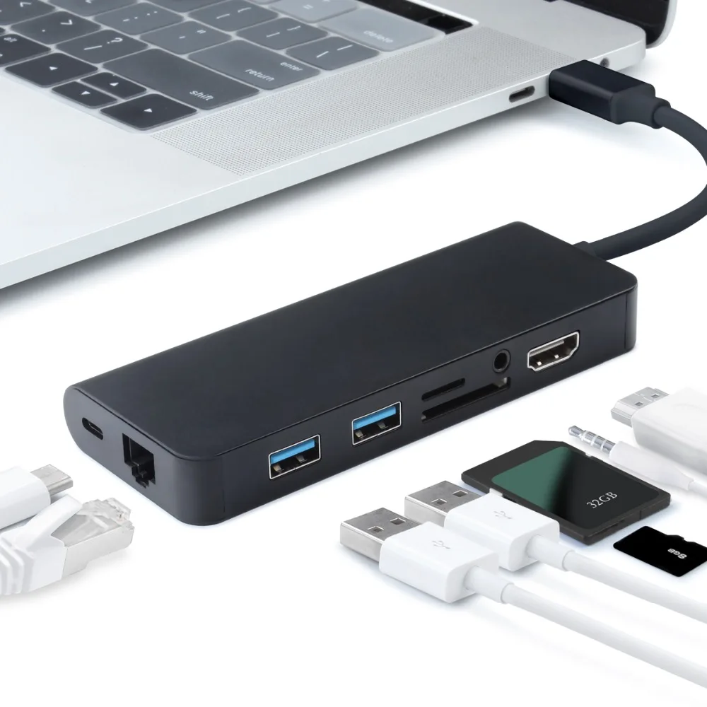 USB концентратор 8 в 1 с портами Type C и кардридером RJ45 совместимым HDMI для MacBook Pro Air 13 15