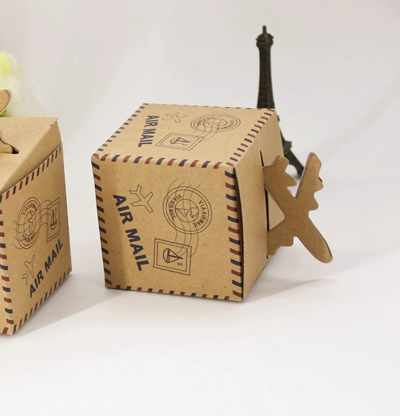 20pcs/lot Wedding Favors &quotAir Mail&quot Plane Aircraft Airplane Kraft Candy Box Gift Boxes for traveling theme wedding decoration | Дом и