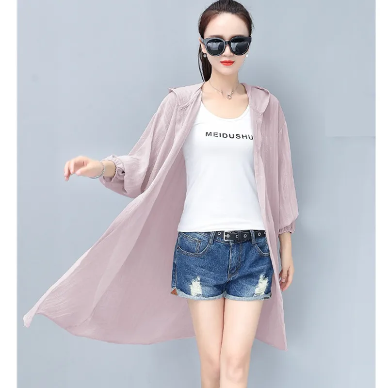 UHYTGF Fashion beach summer coat Womens Mid-length Hooded thin sunscreen clothing Loose Breathable plus size cardigan coats 456 | Женская