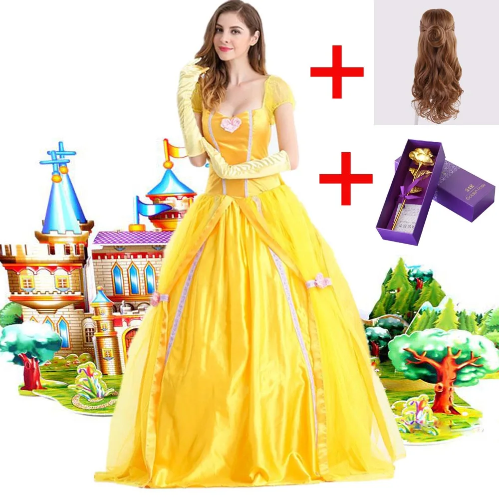Disfraz de la princesa Bella y La Bestia para adultos, vestido de fantasía de la película, La Bella y la bestia, Disfraces de halloween para mujeres, pelucas de vestido de campana