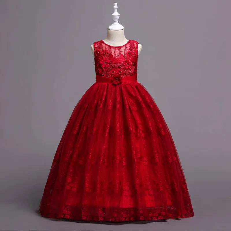 Red Dress MUABABY/свадебные платья для девочек; летнее платье без рукавов с цветочной вышивкой; кружевное многослойное платье для выпускного вечера; вечернее бальное платье принцессы для крупных девочек - Цвет: Red Dress
