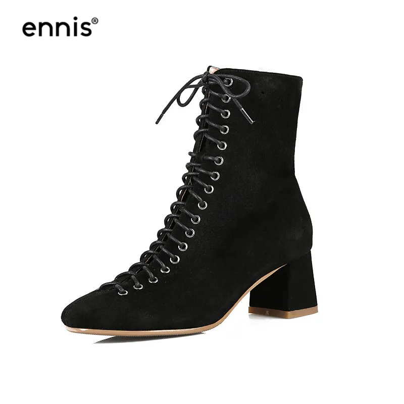 Black ENNIS/ г., женские ботинки на шнуровке кожаные замшевые ботильоны с круглым носком обувь на молнии на не сужающемся книзу массивном каблуке Новая модная женская обувь черного и коричневого цвета, A941 - Цвет: Black