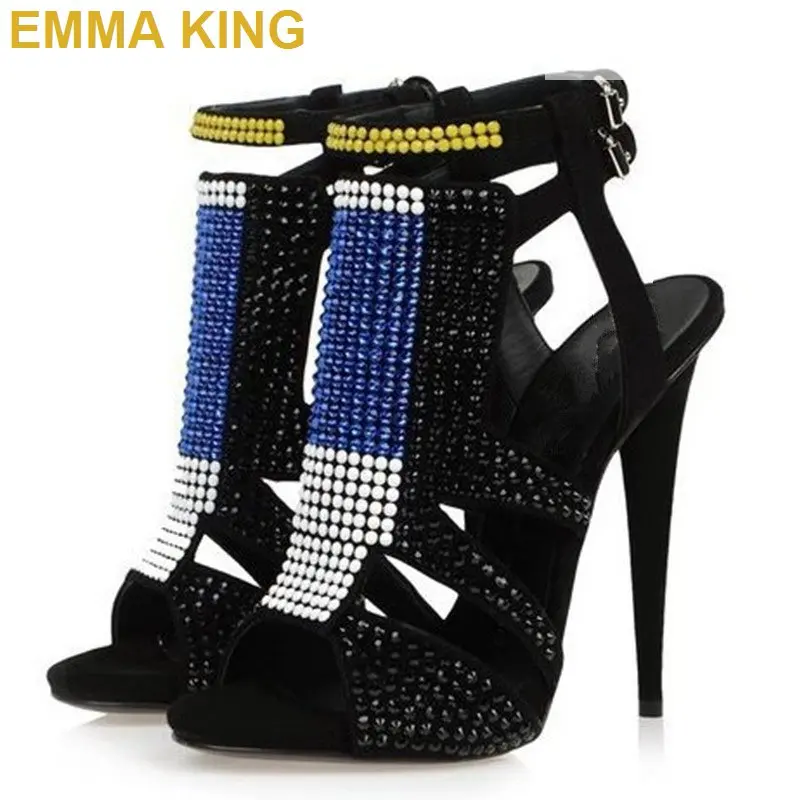 

EMMA KING Crystal Rhinestone Embellishment Stiletto Gladiator Sandals Peep Toe Slingback Women Thin High Heel Summer Ankle Boots