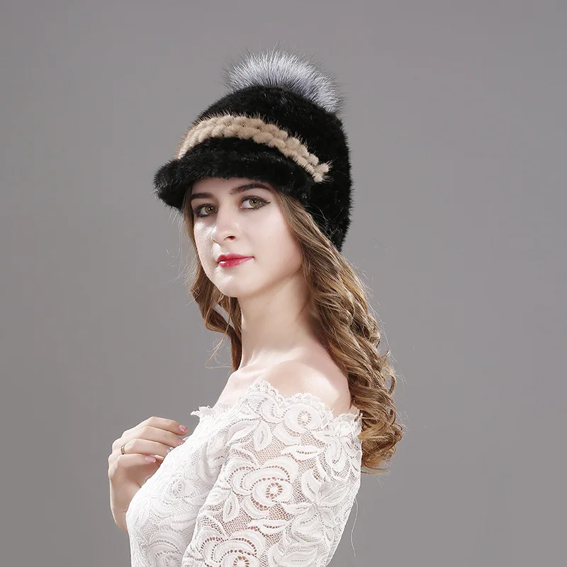 StyleJ Новинка зимы, натуральный мех норки, вязанный козырек шапка Для женщин Мода помпоном из лисиного меха шапка с помпоном женская утепленная зимняя куртка теплая верхняя одежда Повседневное женские шапки H7058 - Цвет: StyleJ