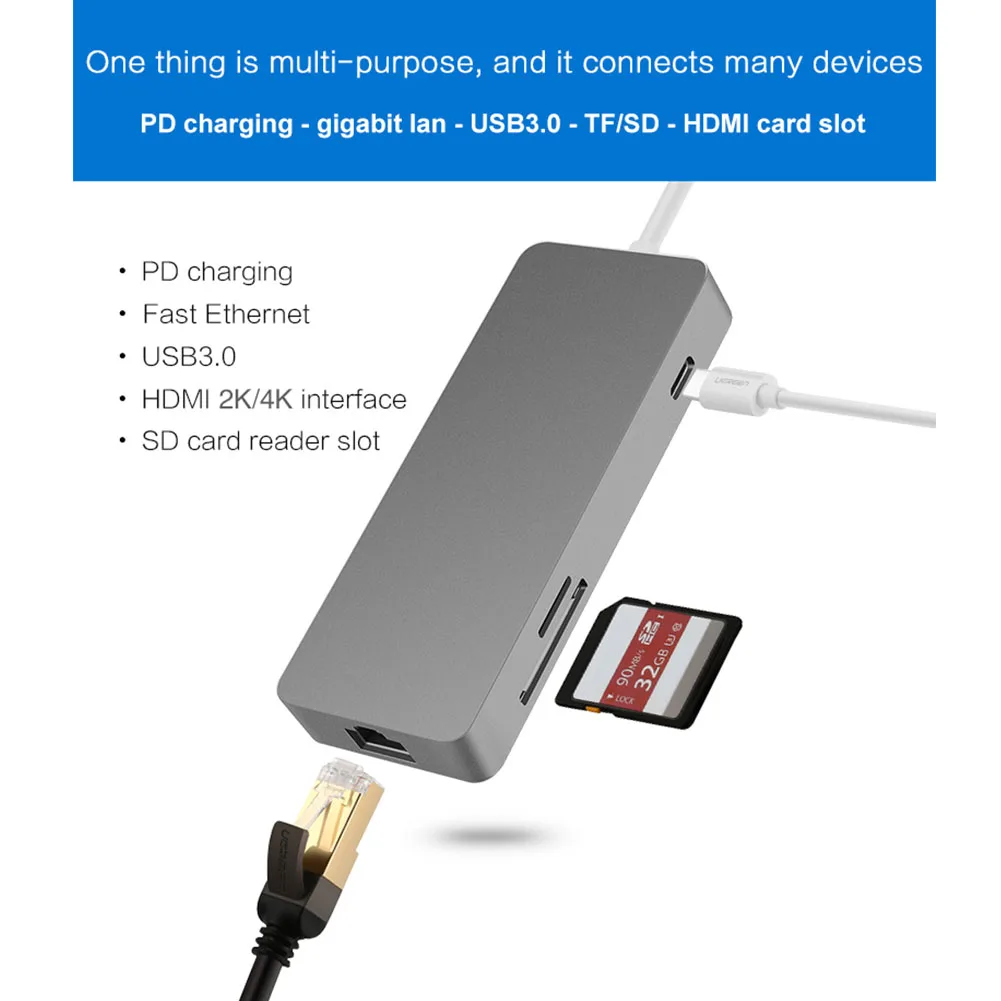 Type C к HDMI/USB3.0/сетевой порт/TF Высокоскоростная передача Портативный 7 портов более
