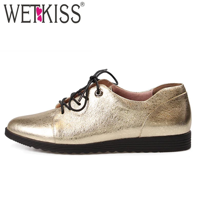 Женские кожаные туфли на плоской подошве с круглым носком шнуровке | Обувь