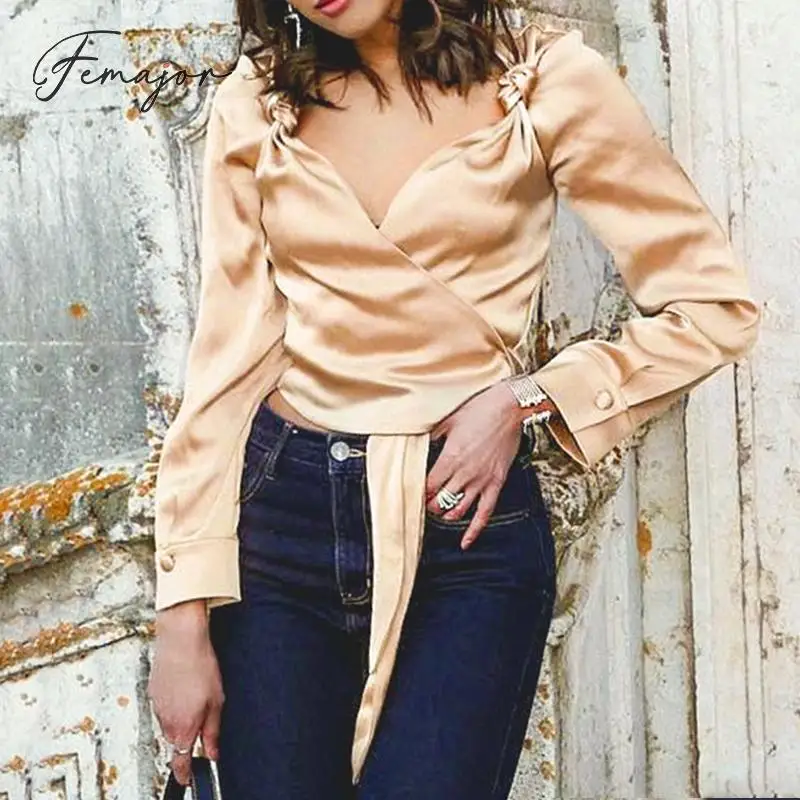 Femajor Женские топы и блузки модные Атласные Рубашки с v-образным вырезом длинными