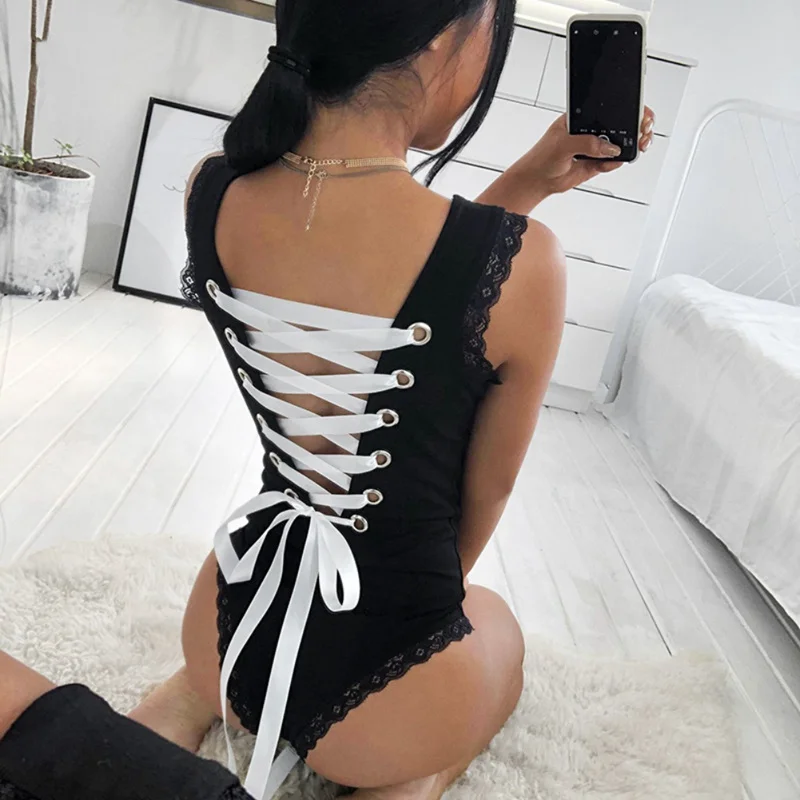 One-Piece Jumpsuit Sexy Sweet Back With Solid Color Bodysuit Elegant Sleeveless Body Female Hollow Strap Women's Suit | Женская