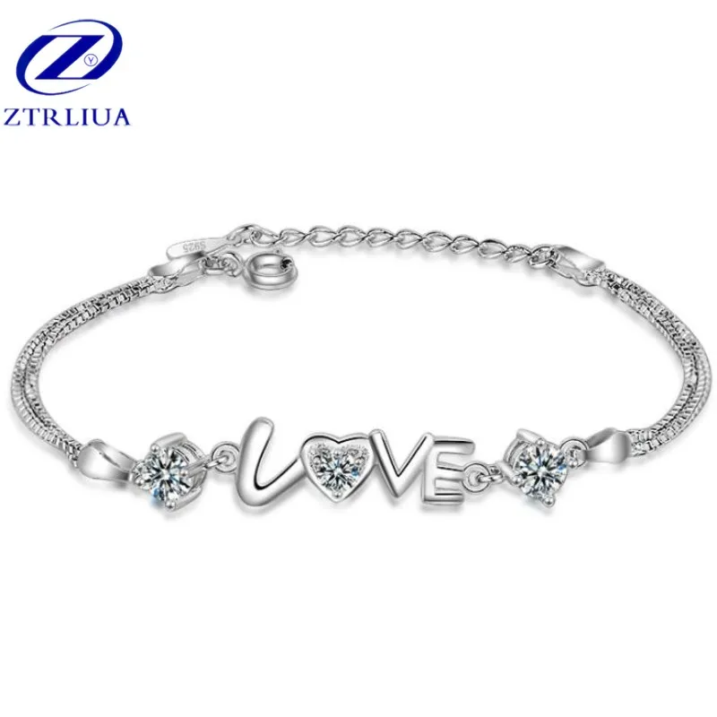 

Korean Female Sweet Fashion Silver Plated Jewelry Student Simple Two Colors Crystal Love Heart Bracelet SB76