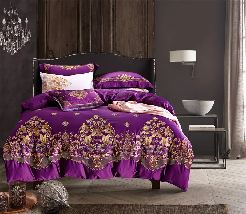 100% хлопок вышивка роскошные постельные принадлежности из шелка комплект Король