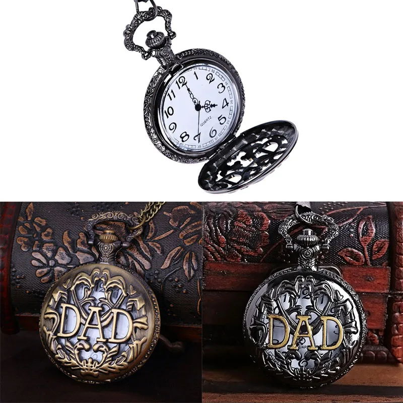 

Vintage Dad Letters Hollow Pocket Watch Bronze Pendant Chain Watches Gift for Father Dads TT@88