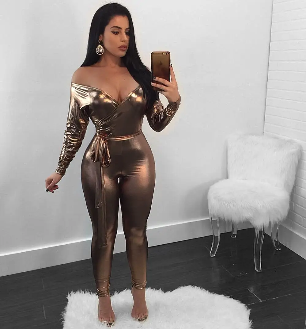 Сексуальный Облегающий комбинезон из искусственной кожи для женщин глубокий v