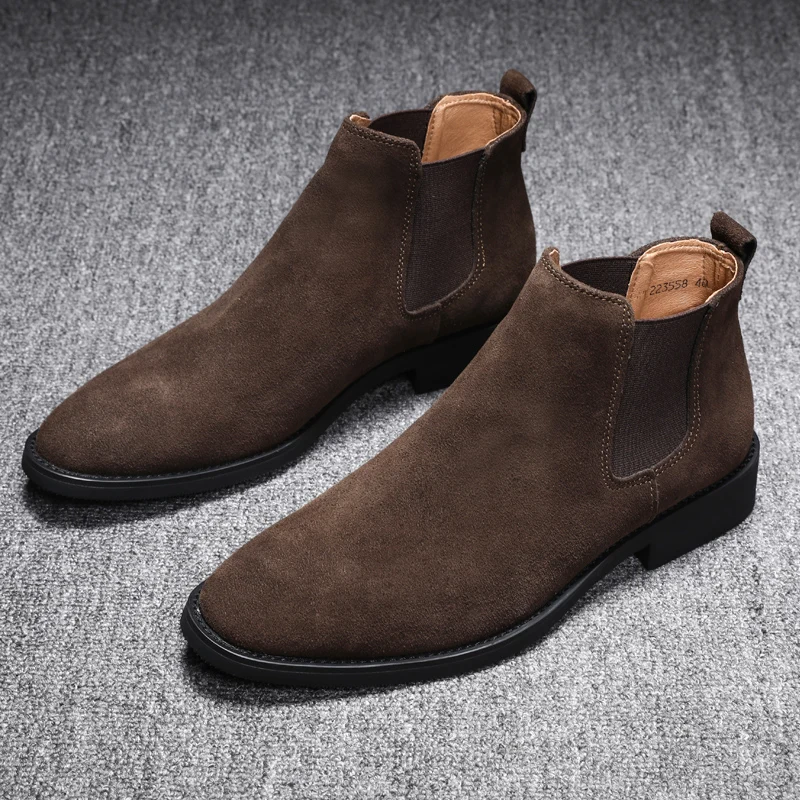 

new fashion chelsea boots men pointed toe ankle botas hombre slip on cowboy dress shoes cow suede leather boot bota masculina