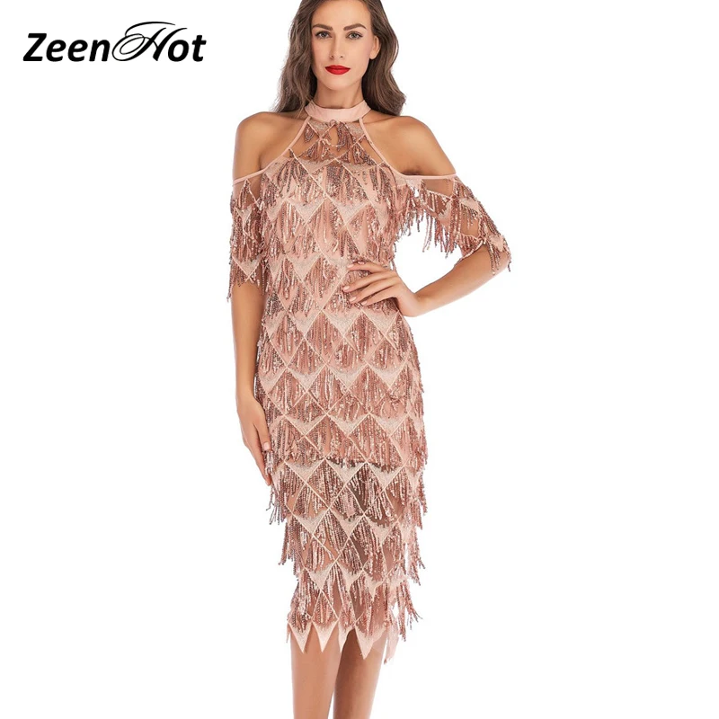 Сексуальное платье с открытыми плечами расшитое блестками женское элегантное до