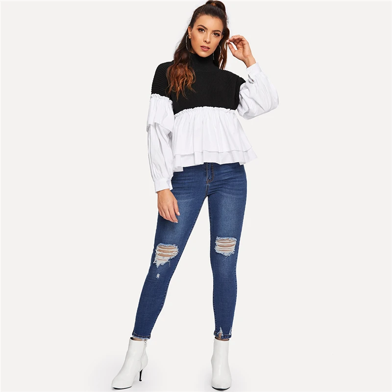 Dotfashion черно-белый двухцветный свитер с рукавом летучая мышь, Женский Повседневный свитер, Осень-зима, одежда с высоким воротом, пуловеры, свитер