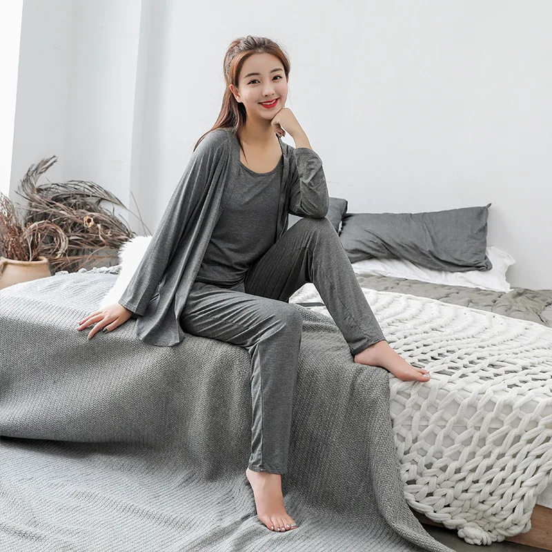 Женская пижама shein, пижама, летняя Модальная майка+ штаны+ кардиган, комплект из 3 предметов, женское сексуальное нижнее белье, свободные домашние костюмы - Цвет: Gray