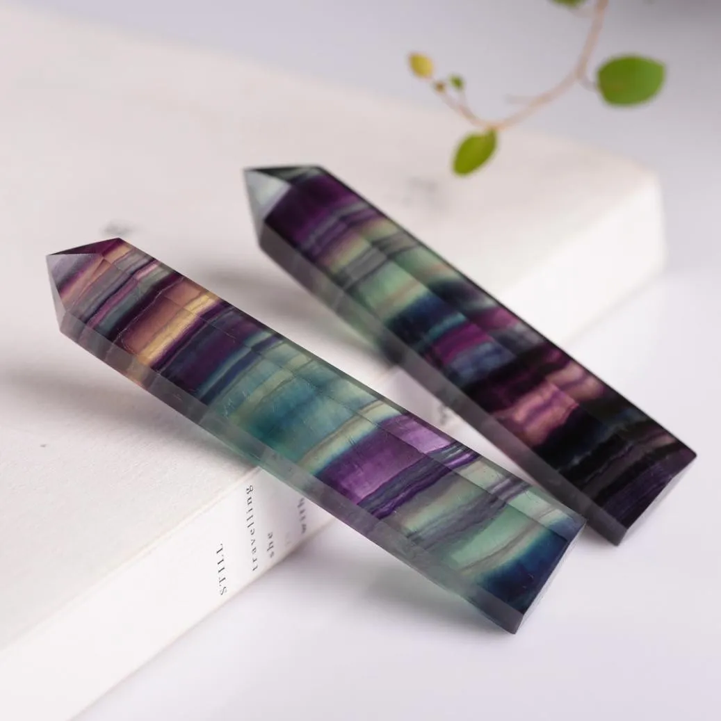 

4.5-6.5cm Natural Fluorite Crystal Colorful Striped Fluorite Quartz Crystal Stone Point Healing Hexagonal Wand Treatment Stone