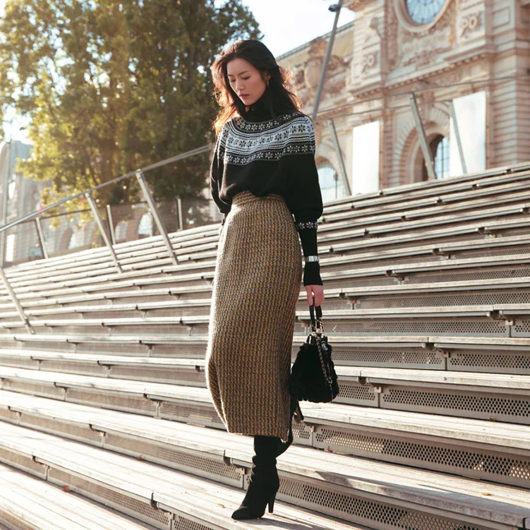 Winter Women's Plaid Wool Pencil Skirts high Waist woolen midi Long Skirt faldas mujer moda 2018 Runway Elegant OL Tweed | Женская