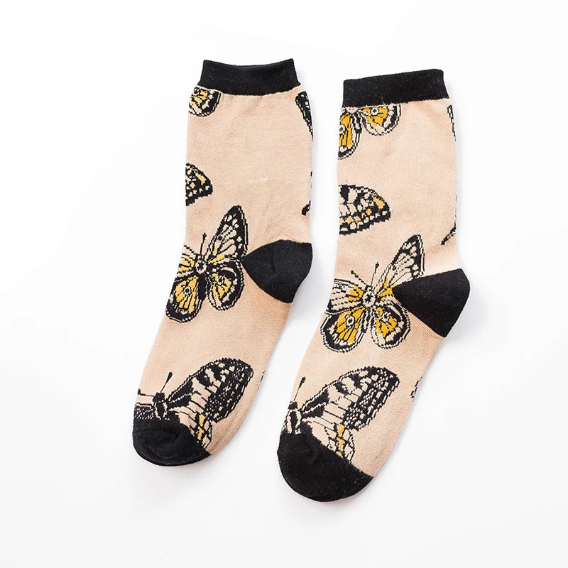 butterfly khaki Уличные Мультяшные креативные Носки с рисунком леопарда, бигла, кота, животных, сумасшедшие хлопковые забавные Женские повседневные носки, мужские Новые счастливые короткие носки - Цвет: butterfly khaki