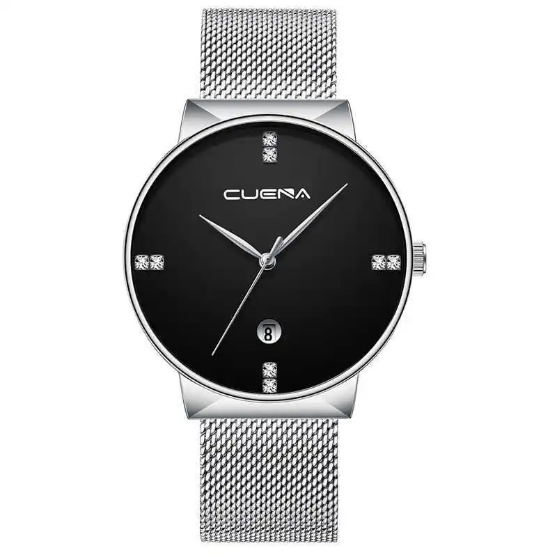 Silver B CUENA мужские модные Кристальные ультра тонкие часы, мужские часы со стальным ремешком, лучший бренд, роскошные подарки, кварцевые повседневные часы, Relogio Masculino - Цвет: Silver B