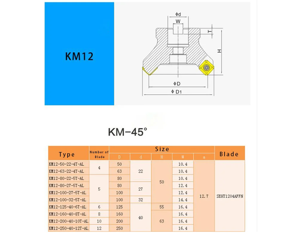 1 шт. KM12 100-22 45 градусов Алюминий фрезерование SEHT1204 аффн Алюминиевый металлический лист индексируемое фрезерование с резьбовой головкой, режущий инструмент-держатель с креплением